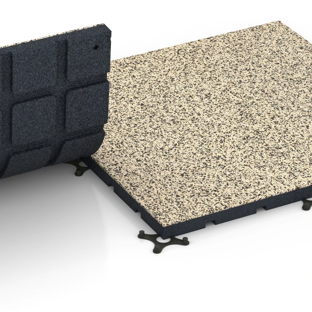 Großaufnahme vom Verbindungssystem von WARCO-Boden 7138 - Podłoga na siłownię zewnętrzną im Farbdesign Trawertyn. Abmessungen 60 x 60 x 3 cm | 0,36 m².