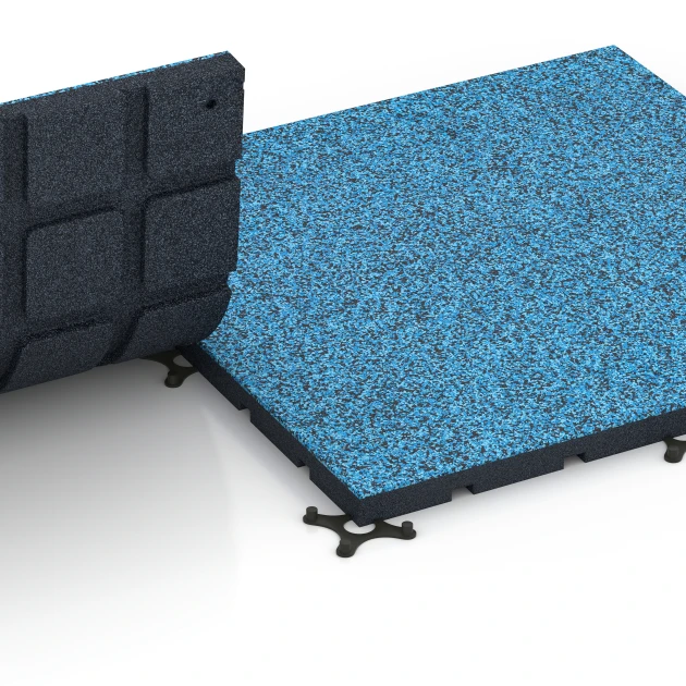 Großaufnahme vom Verbindungssystem von WARCO-Boden 7139 - Podłoga na siłownię zewnętrzną im Farbdesign Atlantyk. Abmessungen 60 x 60 x 3 cm | 0,36 m².