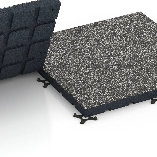 Großaufnahme vom Verbindungssystem von WARCO-Boden 7141 - Podłoga na siłownię zewnętrzną im Farbdesign Ciemnoszary granit. Abmessungen 60 x 60 x 4 cm | 0,36 m².