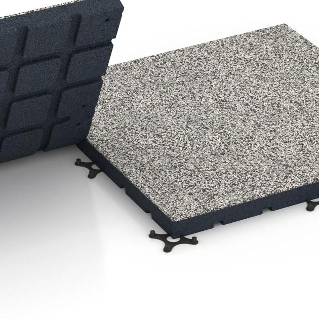 Großaufnahme vom Verbindungssystem von WARCO-Boden 7142 - Podłoga na siłownię zewnętrzną im Farbdesign Szary granit. Abmessungen 60 x 60 x 4 cm | 0,36 m².