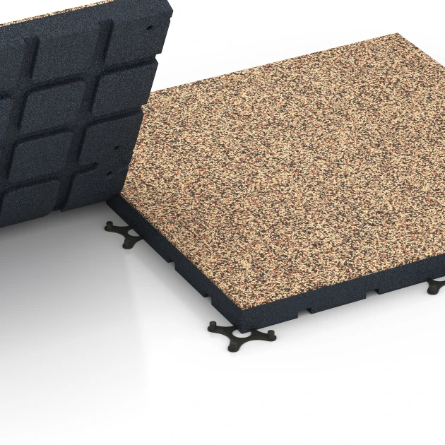 Großaufnahme vom Verbindungssystem von WARCO-Boden 7144 - Podłoga na siłownię zewnętrzną im Farbdesign Terakota. Abmessungen 60 x 60 x 4 cm | 0,36 m².