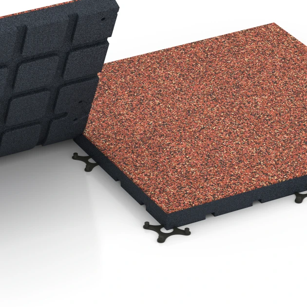 Großaufnahme vom Verbindungssystem von WARCO-Boden 7145 - Podłoga na siłownię zewnętrzną im Farbdesign Etna. Abmessungen 60 x 60 x 4 cm | 0,36 m².