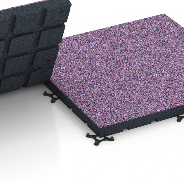Großaufnahme vom Verbindungssystem von WARCO-Boden 7146 - Podłoga na siłownię zewnętrzną im Farbdesign Lawenda. Abmessungen 60 x 60 x 4 cm | 0,36 m².