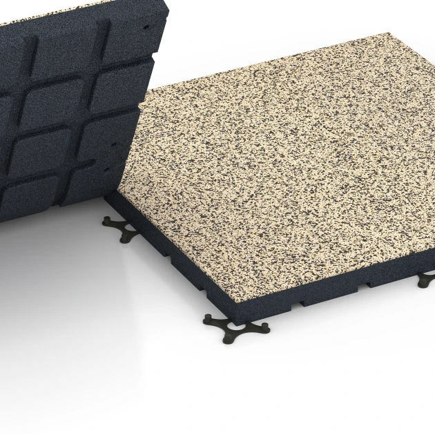 Großaufnahme vom Verbindungssystem von WARCO-Boden 7147 - Podłoga na siłownię zewnętrzną im Farbdesign Trawertyn. Abmessungen 60 x 60 x 4 cm | 0,36 m².