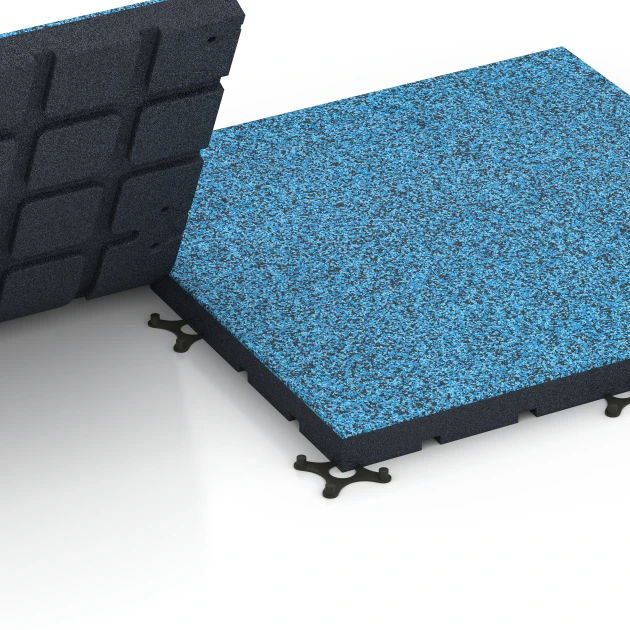 Großaufnahme vom Verbindungssystem von WARCO-Boden 7148 - Podłoga na siłownię zewnętrzną im Farbdesign Atlantyk. Abmessungen 60 x 60 x 4 cm | 0,36 m².