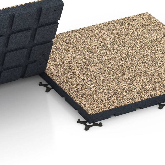 Großaufnahme vom Verbindungssystem von WARCO-Boden 7149 - Podłoga na siłownię zewnętrzną im Farbdesign Rattan. Abmessungen 60 x 60 x 4 cm | 0,36 m².