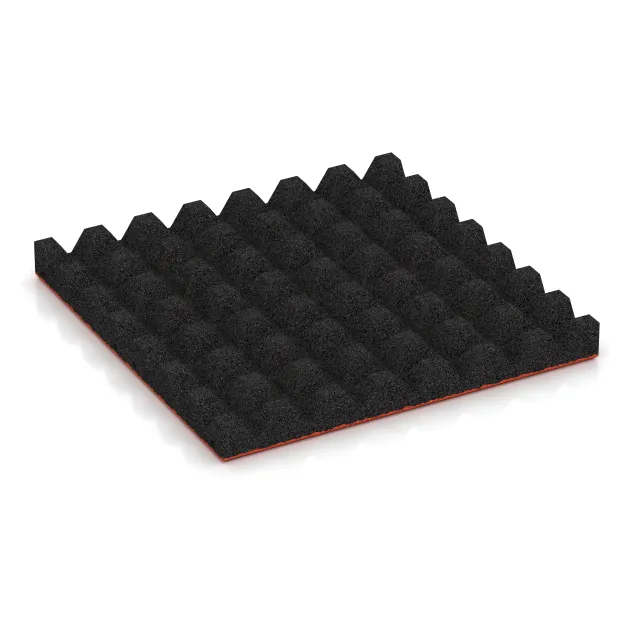 Aufsicht auf die Unterseite, also die Bodenseite von WARCO-Formteil 5571 - Mata bezpieczeństwa na plac zabaw 5 cm - EN 1177 ≤ 145 cm im Format 500 x 500 x 50 mm.