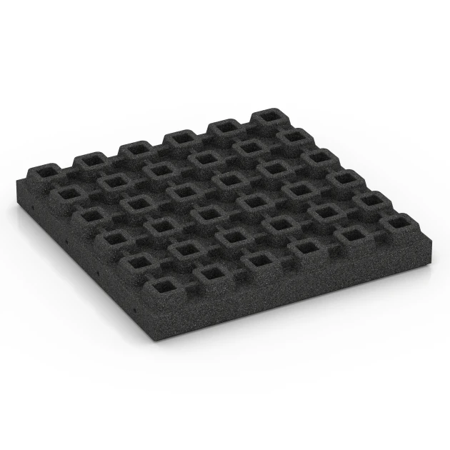 Aufsicht auf die Unterseite, also die Bodenseite von WARCO-Formteil 6295 - Płyty amortyzujące im Format 50 x 50 x 7 cm.