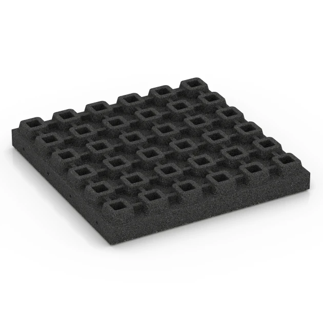 Aufsicht auf die Unterseite, also die Bodenseite von WARCO-Formteil 6440 - Płyta amortyzująca – 210 cm im Format 50 x 50 x 7 cm.