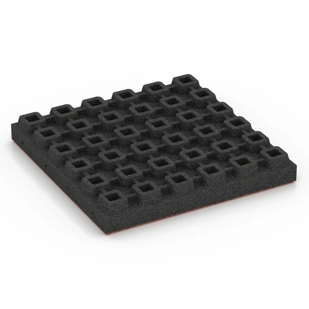 Aufsicht auf die Unterseite, also die Bodenseite von WARCO-Formteil 6444 - Płyta amortyzująca – 210 cm im Format 50 x 50 x 7 cm.