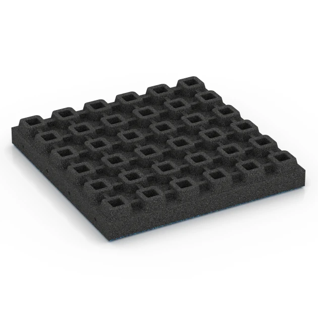 Aufsicht auf die Unterseite, also die Bodenseite von WARCO-Formteil 6447 - Płyta amortyzująca – 210 cm im Format 50 x 50 x 7 cm.