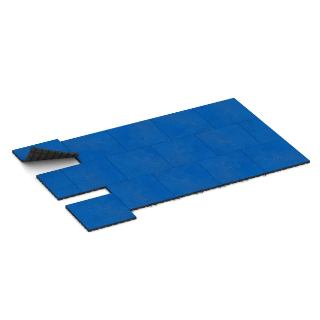 Typische Verlegung oder Einbausituation für den Artikel 0539 von WARCO - Płyta gumowa na plac zabaw, Farbton Niebieski Chagall in der Abmessung 500 x 500 x 30 mm.