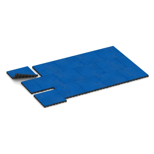 Typische Verlegung oder Einbausituation für den Artikel 0629 von WARCO - Płyta gumowa na plac zabaw, Farbton Niebieski Chagall in der Abmessung 500 x 500 x 45 mm.