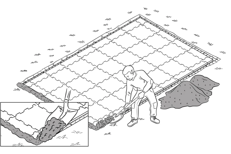 Szkic pokazujący, jak wypełnić krawędzie nawierzchni z płyt WARCO, aby stworzyć płynne przejście między tarasem a trawnikiem.