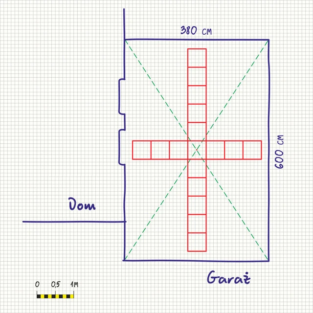 Plan tarasu na dachu garażowym wraz z przyległym domem narysowany na papierze graficznym w formie szkicu.